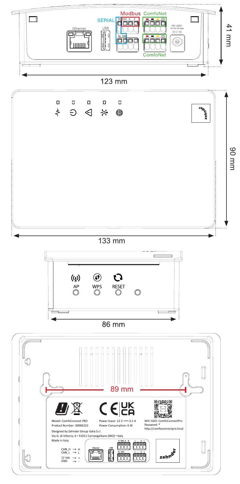 Zehnder ComfoConnect PRO rozloženie konektorov — predný, bočný a spodný pohľad