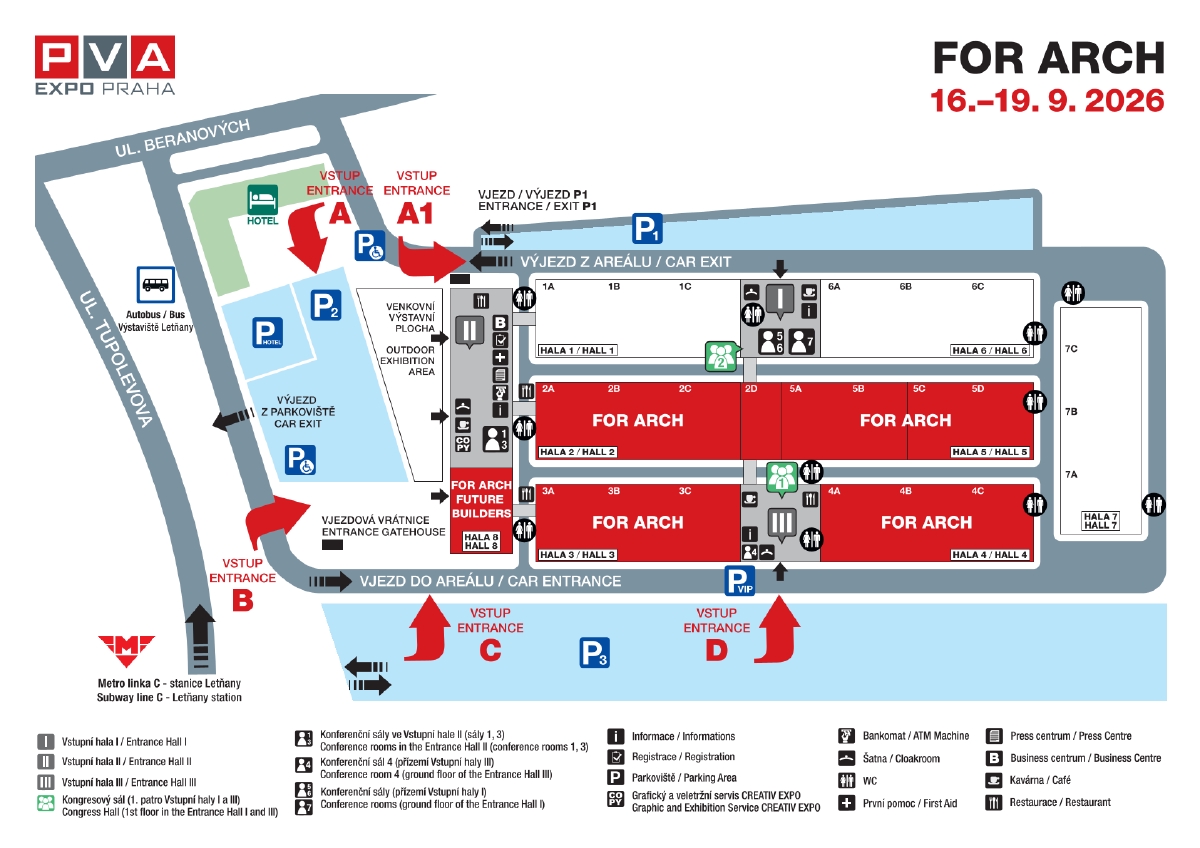 FOR ARCH 2026 — a PVA EXPO PRAHA területi térképe