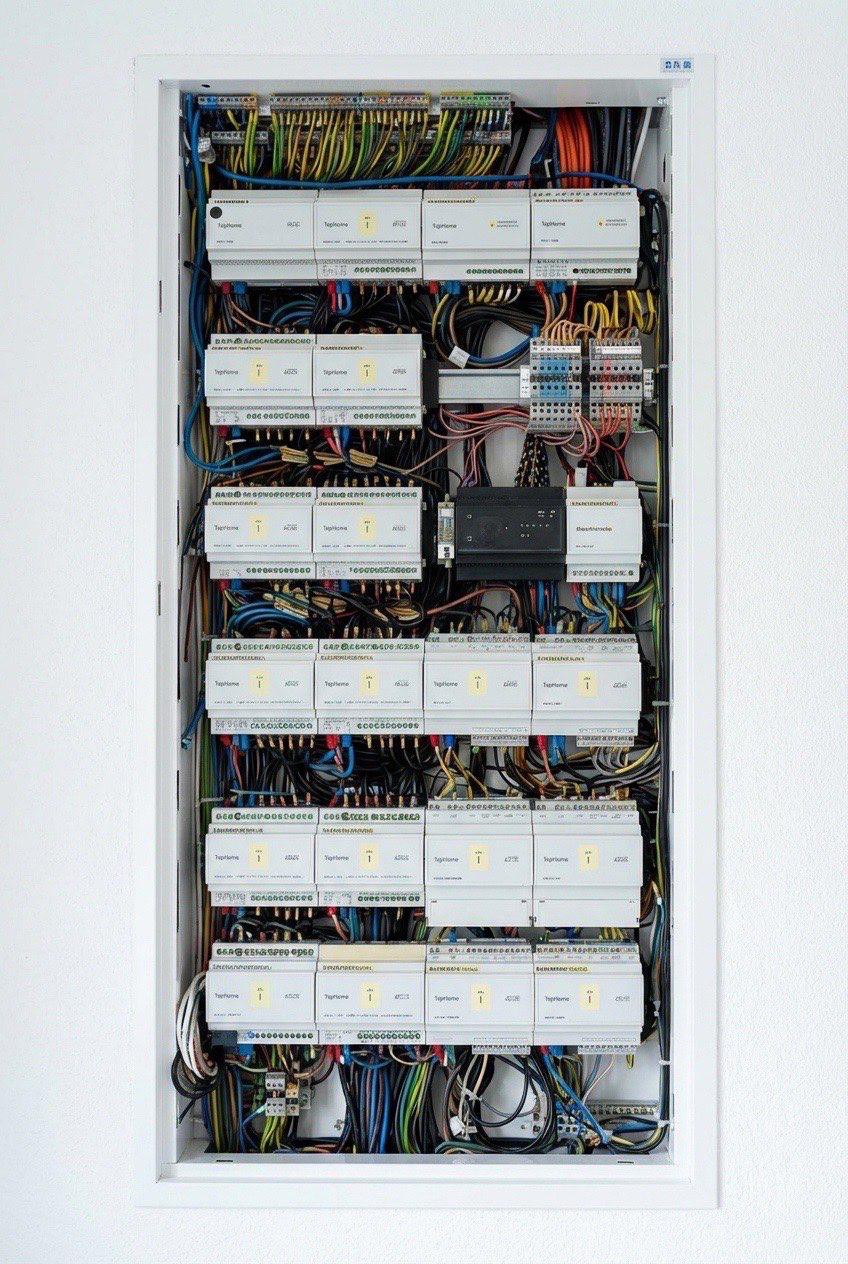 TapHome rozvádzač zapustený do steny v technickej miestnosti — LEDOC12, 32UI a ďalšie IO moduly