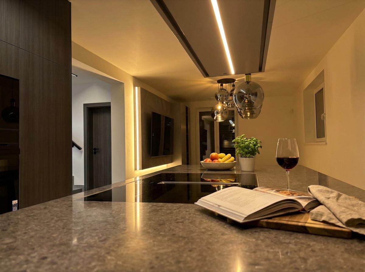 Kuchnia z taśmami LED osadzonymi we wnękach sufitowych