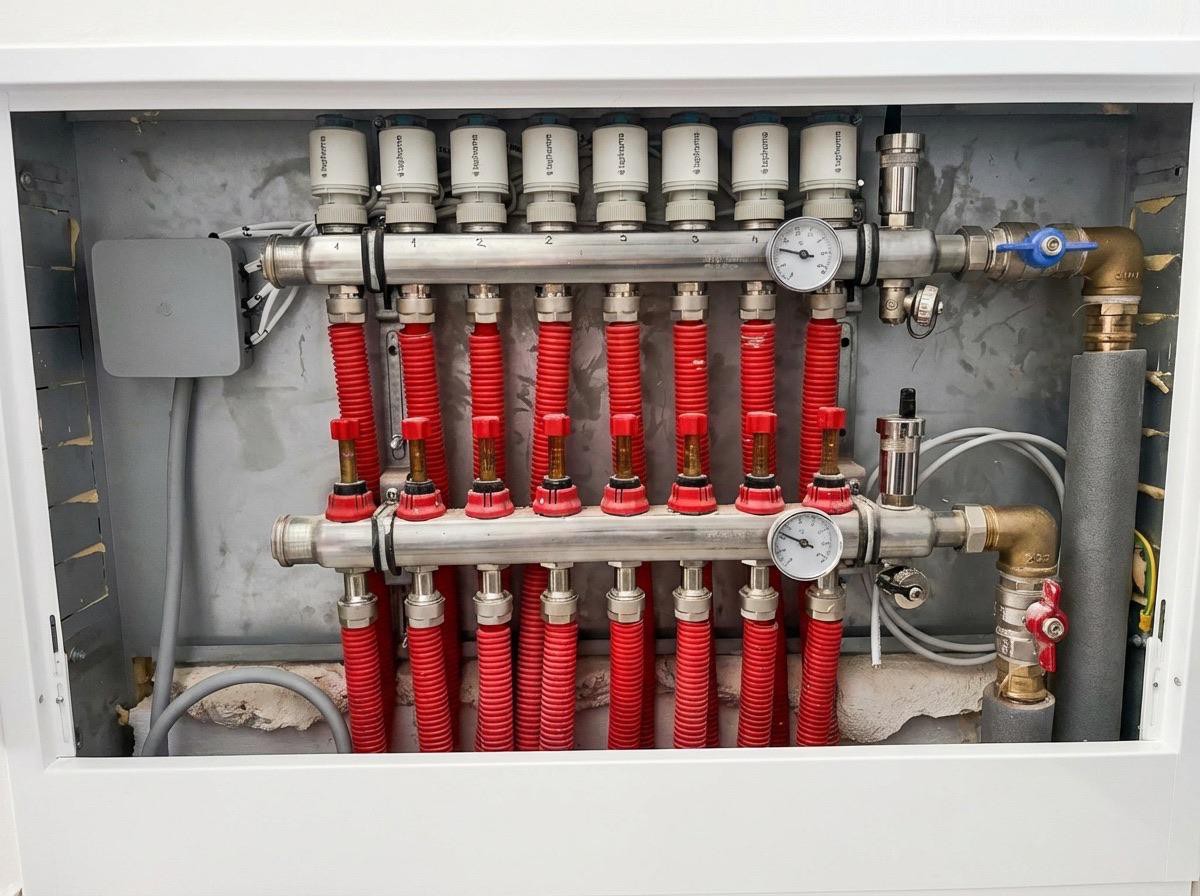 Rozdzielacz ogrzewania podłogowego w pomieszczeniu technicznym