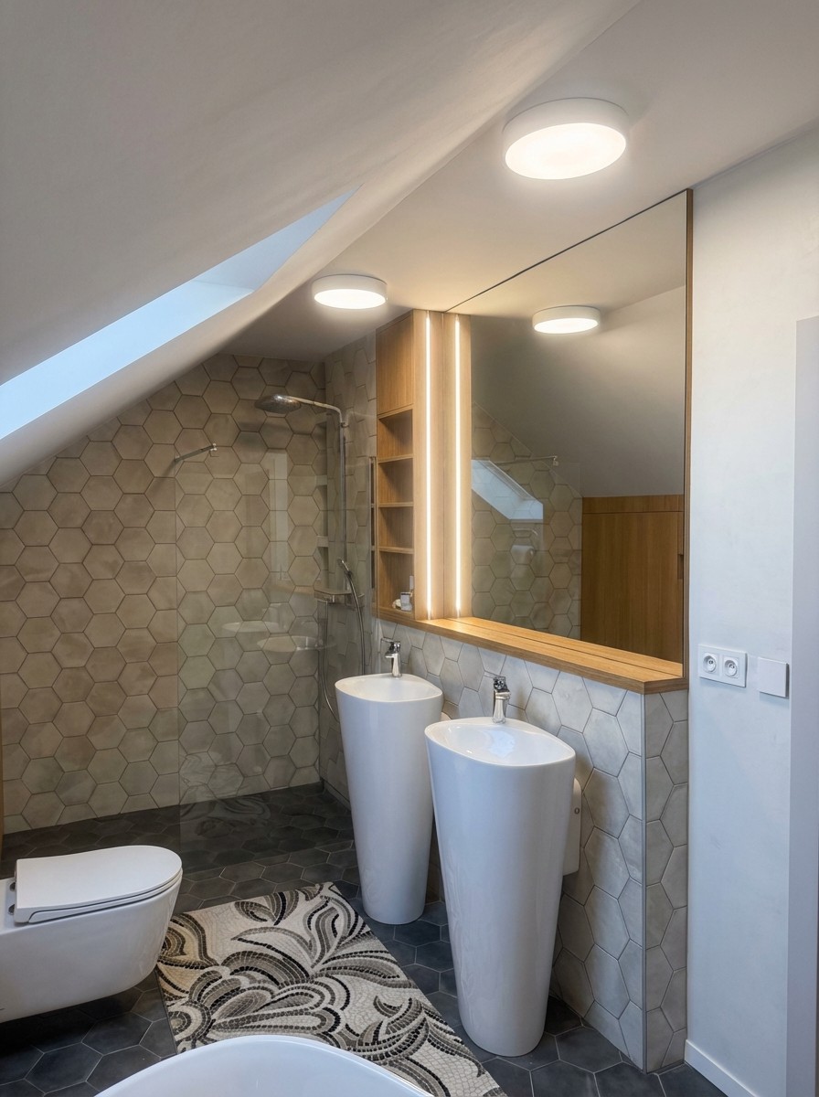 Podkrovní koupelna s hexagonálními obklady — denní studené bílé osvětlení