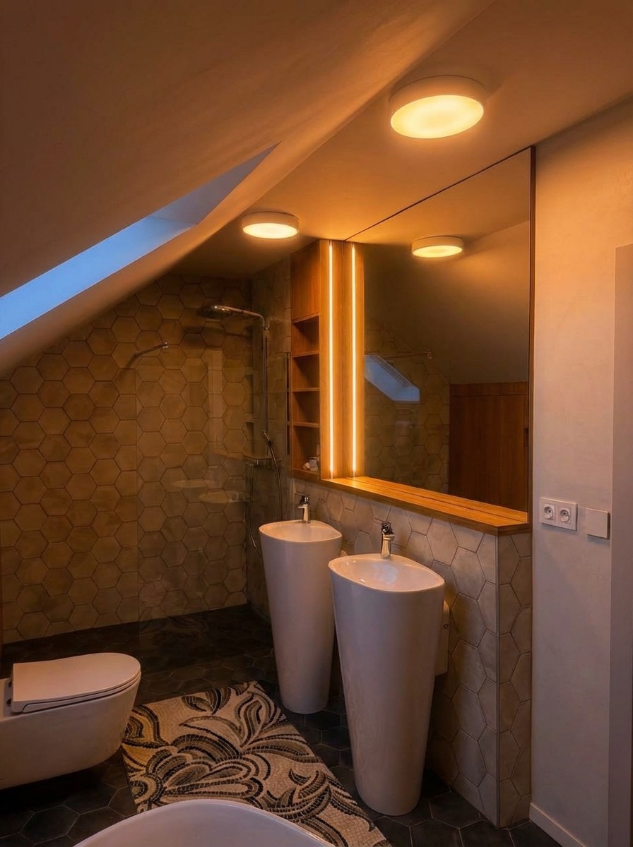 Stejná koupelna — teplé večerní osvětlení