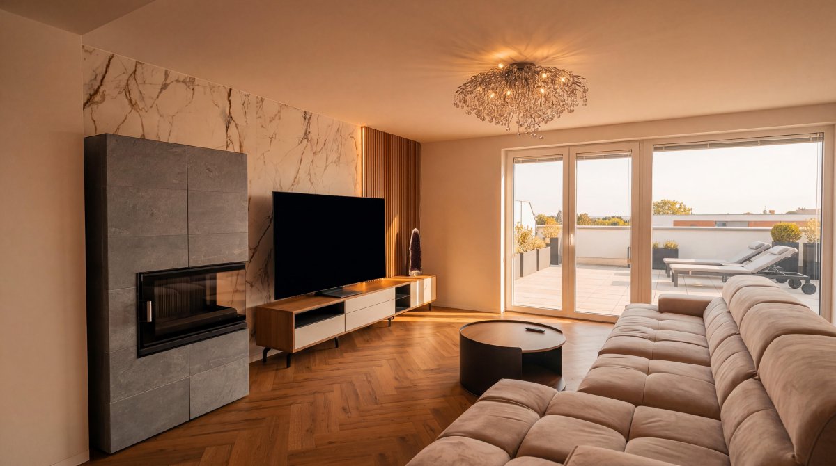 Luxusní obývací pokoj s moderním krbem, křišťálovým lustrem a dubovou parketovou podlahou, smart home Stará Ľubovňa