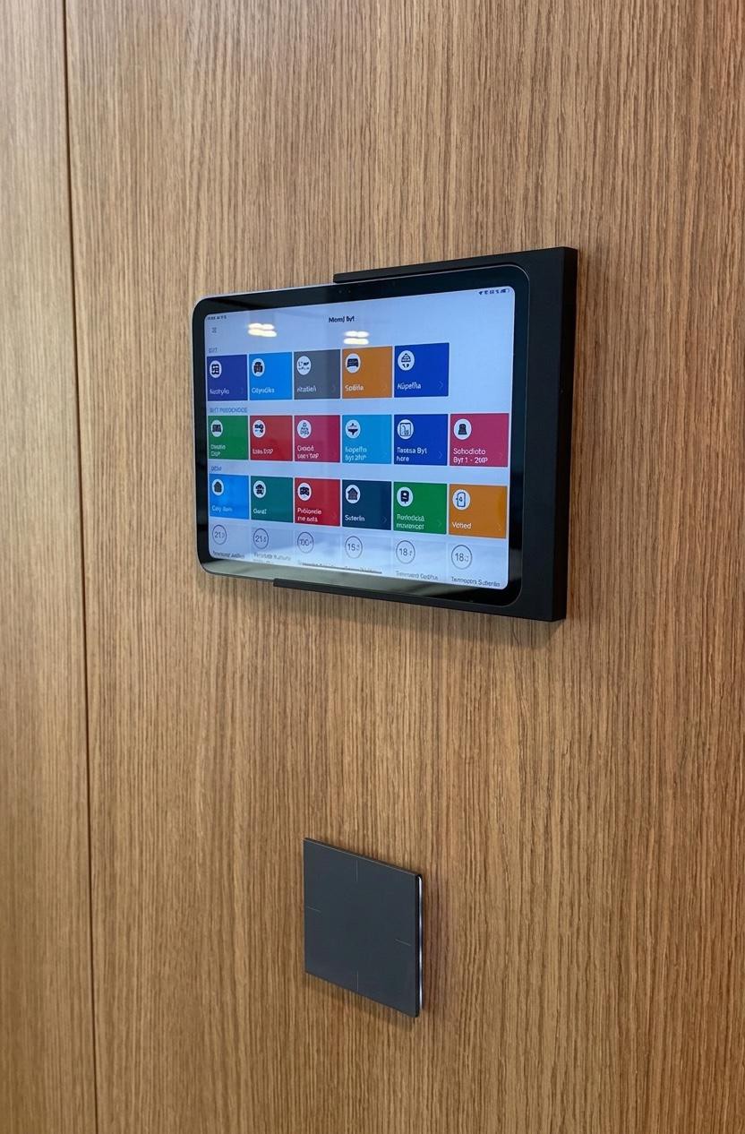 TapHome tablet na dubovém nástěnném panelu s barevným dashboardem a smart switchem pod ním